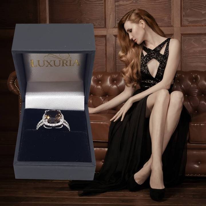 Luxuria diamond simulant ring with smoky quartz gem and high quality ring box
