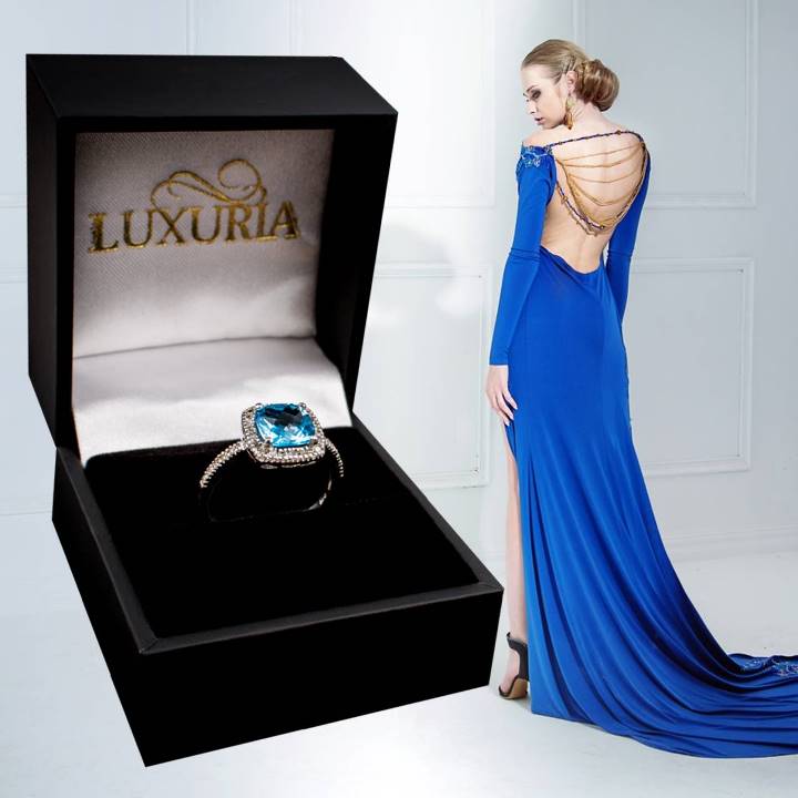 1.4 carat cushion cut blue topaz halo ring in 10K white gold